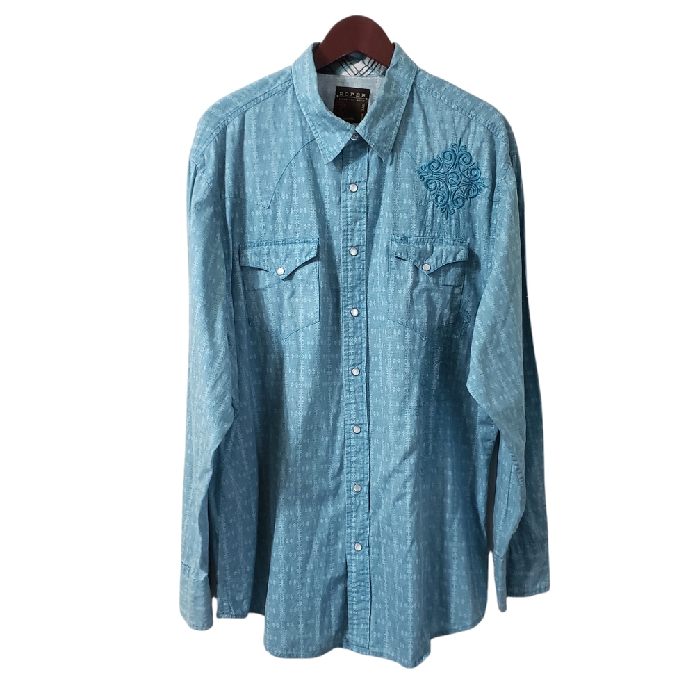 Roper Mens Western Teal Blue Embroidered Long Sleeve Pearl Snap Button Shirt 2XL